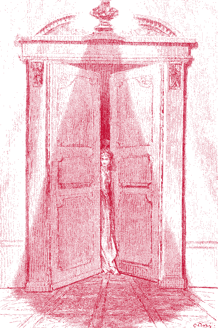 A tall double door standing ajar, a figure half visible in the gap, light pouring through. Wood engraving.
